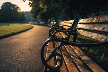 Nostalgic vintage bench scene in a quiet park at sunset