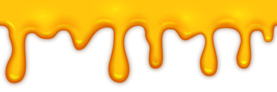 Golden honey drip background with flowing liquid texture on transparent surface. Glossy oil drops with smooth melting effect. Sweet caramel, syrup, cream texture. Realistic vector illustration.