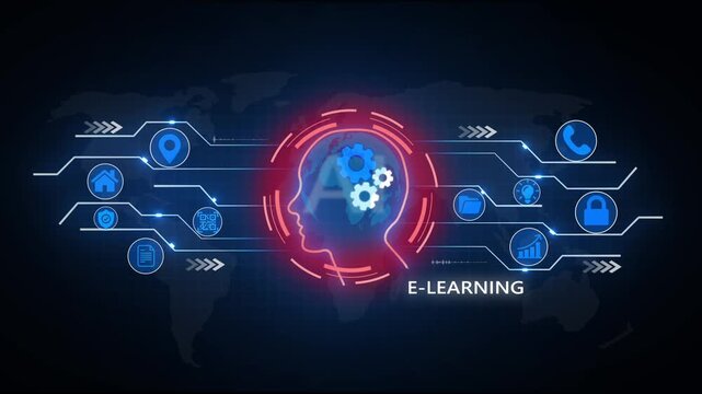 E- Learning Concept with Icons Representing Education, Global social network connection concept showing digital data communication across the earth background - Powered by Adobe