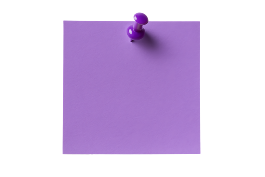 Single purple thumbtack pressing down on a square lavender note paper sheet simple office supply isolated on transparent background