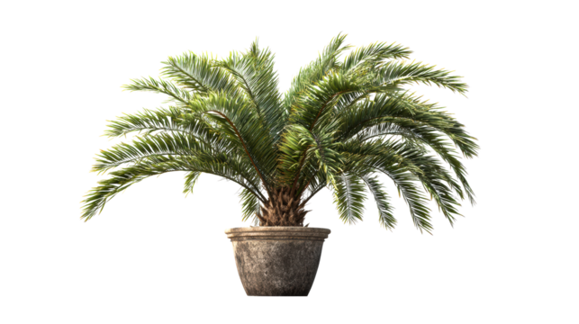 Potted tropical palm tree with textured stone pot on white background - Powered by Adobe