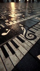 Musical Pavement: A unique cobblestone street showcases piano keys and musical notes under the warm glow of the setting sun.