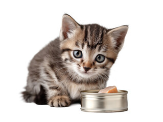 Little cat isolated, young kitten eating canned cat food, adorable kitten close-up portrait, isolated on a transparent background, professional pet photography, pet food advertising concept