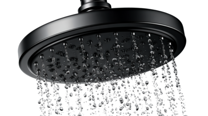 Black modern showerhead spraying water drops