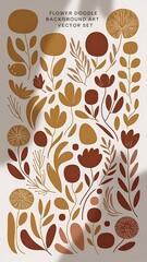 Flower doodle background art vector set. Botanical and leaves abstract shape doodle art design for print, wallpaper, clipart, wall art for home decoration.