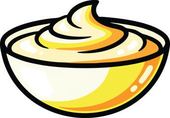 Creamy white sauce in a clear glass bowl with yellow highlights and black outlines on a white background