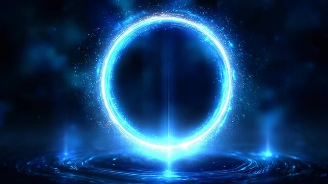 Abstract glowing blue portal with particles and light beams on a dark background, futuristic energy concept