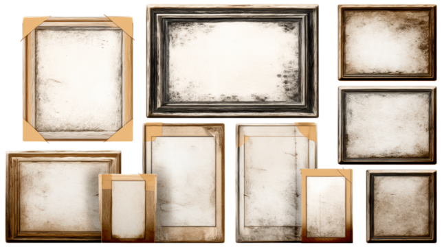 Assortment of old empty wooden picture frames