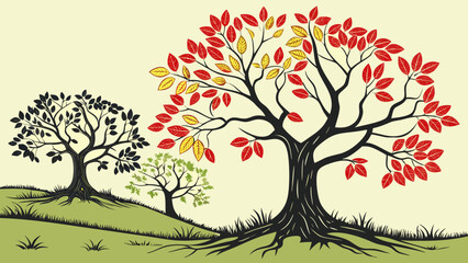 Obraz premium Stylized illustration of three trees of varying sizes and colors, showcasing vibrant autumn foliage and root systems on a grassy hill.