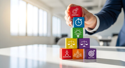 Business strategy and goals represented by stacked colorful blocks with icons