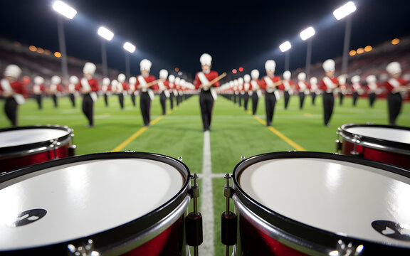 Marching band performs on a football field at night a large group precision and teamwork