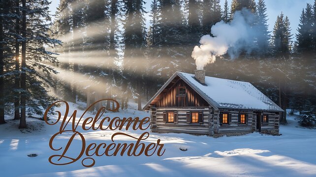 Cozy log cabin in snowy forest with sunbeams and smoke from chimney
