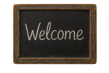 Obraz premium Welcome message handwritten with chalk on a dark chalkboard, set in a rustic wooden frame, transparent background