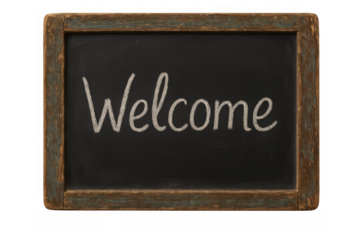 Welcome message handwritten with chalk on a dark chalkboard, set in a rustic wooden frame, transparent background