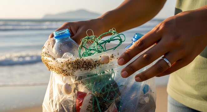 Person collecting plastic waste and debris from the beach to promote environmental conservation and reduce pollution in coastal areas