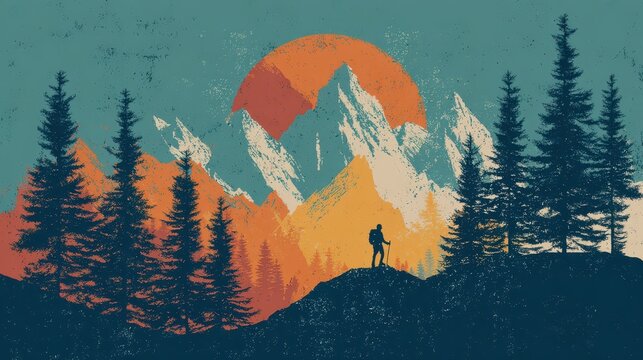 Outdoor adventure landscape illustration for apparel: mountains, pines, and trail