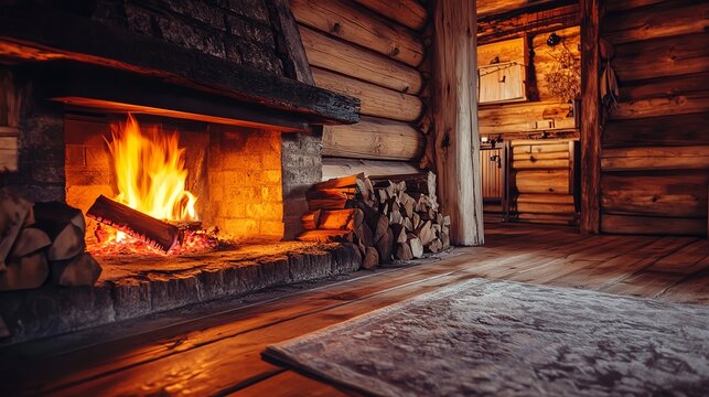 A cozy fireplace in a rustic wooden cabin, exuding warmth and comfort with its inviting glow and intricate details. - Powered by Adobe