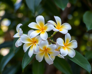 Fototapeta premium White and yellow Plumeria flowers with green leaves