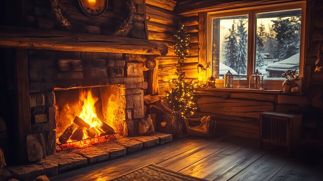 A high-quality image of a cozy fireplace in a wooden cabin, exuding warmth with rustic details and soft lighting for a welcoming ambiance.