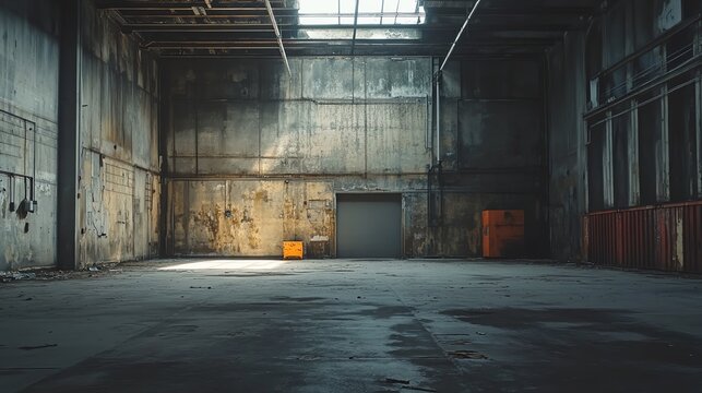 A high-quality image showcasing an abandoned industrial warehouse, featuring dramatic lighting and gritty details that evoke a sense of desolation.