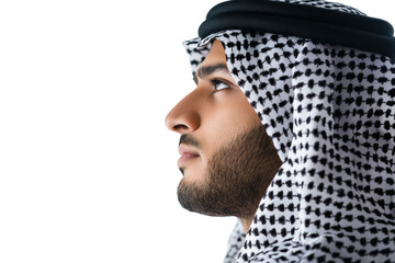 Arab man in white kandura looking sideways
