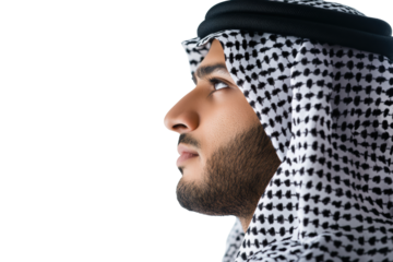 Arab man in white kandura looking sideways
