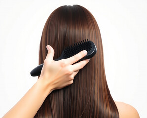 Fototapeta premium Woman's hand brushing long dark brown hair on white background