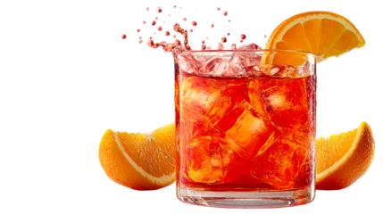 Refreshing red drink with ice cubes and orange slices