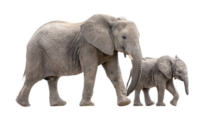 Obraz premium The magnificent African elephant mother and baby are walking through the wildlife of Kenya with their huge ears and impressive tusks
