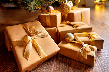 Christmas gifts under the tree &ndash; warm golden tones