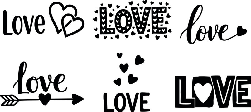Love typography set with hearts and arrow romantic valentine design elements vector 
