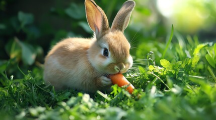A photorealistic close-up of a rabbit happily nibbling on a fresh carrot while surrounded by a vibrant grassy meadow.