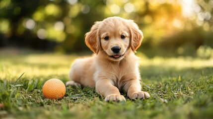A photorealistic image of a golden retriever puppy joyfully playing with a ball in a vibrant garden, showcasing ultra-detailed clarity.