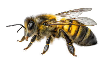 Detailed close-up of a fuzzy honeybee with segmented body and transparent wings