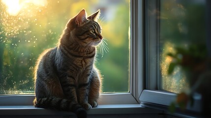 A serene cat sits on a sunlit windowsill, its fur glowing in the warm light, displaying realistic details in this intimate moment.