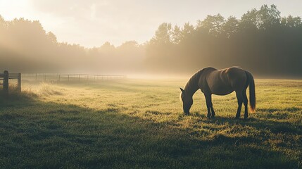 A serene horse grazing in a peaceful countryside field enveloped in morning mist, captured in stunning photo-realistic detail.