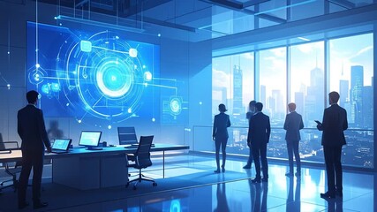 Executives Reviewing Data Presentation in Modern Office with City Skyline - Powered by Adobe