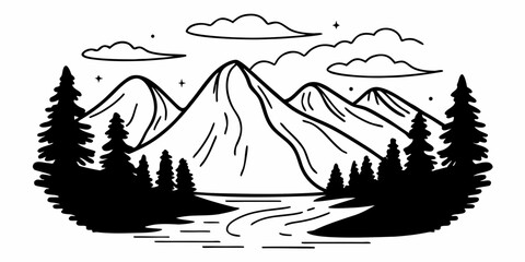 Obraz premium Hand drawn mountain landscape sketch illustration isolated on white background
