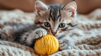 A charming kitten joyfully playing with a colorful ball of yarn on a soft, cozy blanket, showcasing ultra detailed clarity.