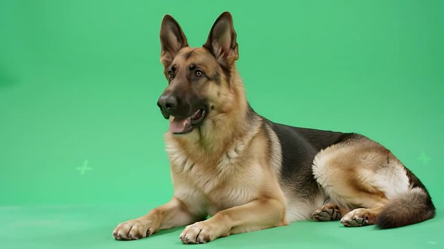 German Shepherd, GSD Laying Towards Camera, Blinking, Full Frame, Calm Dog, Relaxed Dog, green chroma screen