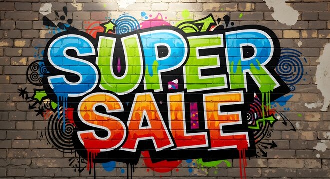 Sale poster, Super sale graffiti text with colorful paint on brick wall