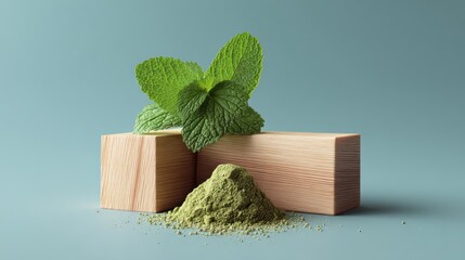 Minty Freshness Display: A close-up shot captures the essence of fresh mint, showcasing vibrant green leaves on a wooden base with matcha powder, all set against a soft background.