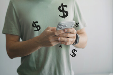 Man using smartphone with dollar signs and money concept