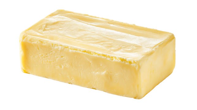 Solid block of yellow butter against a white background