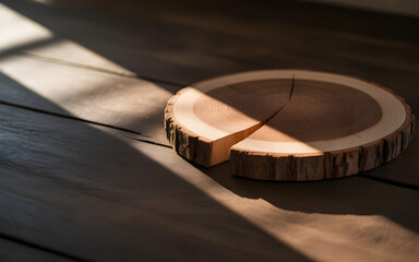 Obraz premium Wooden slice on a rustic table natural light creating shadows perfect for product display