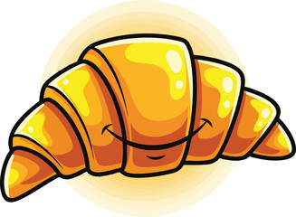 Smiling Croissant Character with Golden Glow and Cartoon Style Rendering