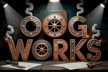 Steampunk design featuring OOG Works with gears and retro aesthetic that evokes vintage industry and creative innovation, perfect for unique branding or industrial themes