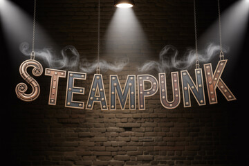 Evocative Steampunk Sign Hanging with Chains Against a Rustic Brick Wall, Perfect for Events, Games, or Creative Projects with a Touch of Vintage Industrial Flair