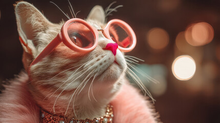 Naklejka premium Stylish cat in pink sunglasses and fur collar, glamorous retro pet portrait with bokeh effect