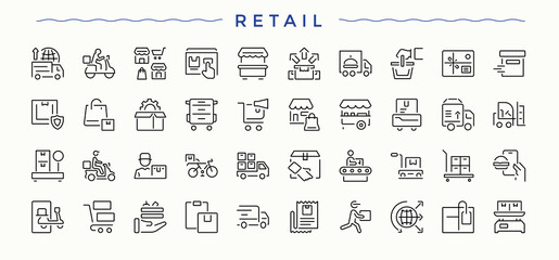 Retail icon set in linear style. Shop icon set. Modern vector UI icons. Contains outline symbols like retail, store, supermarket, buy, shop and more. Editable vector. Pixel perfect.